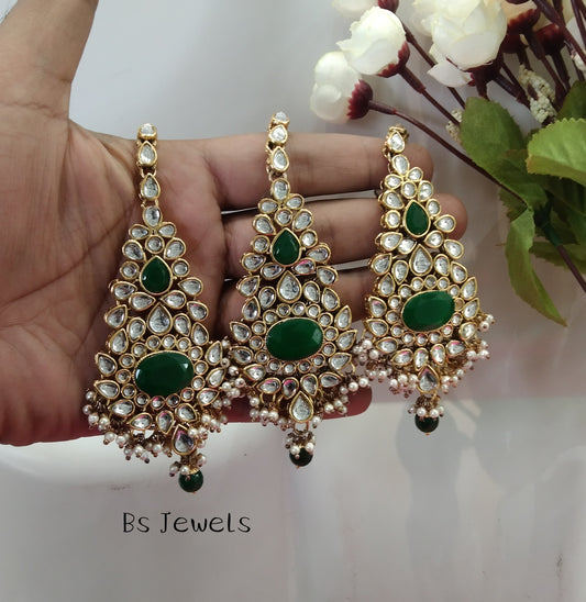 Green Kundan Rupinder Bollywood Earrings Tikka Set