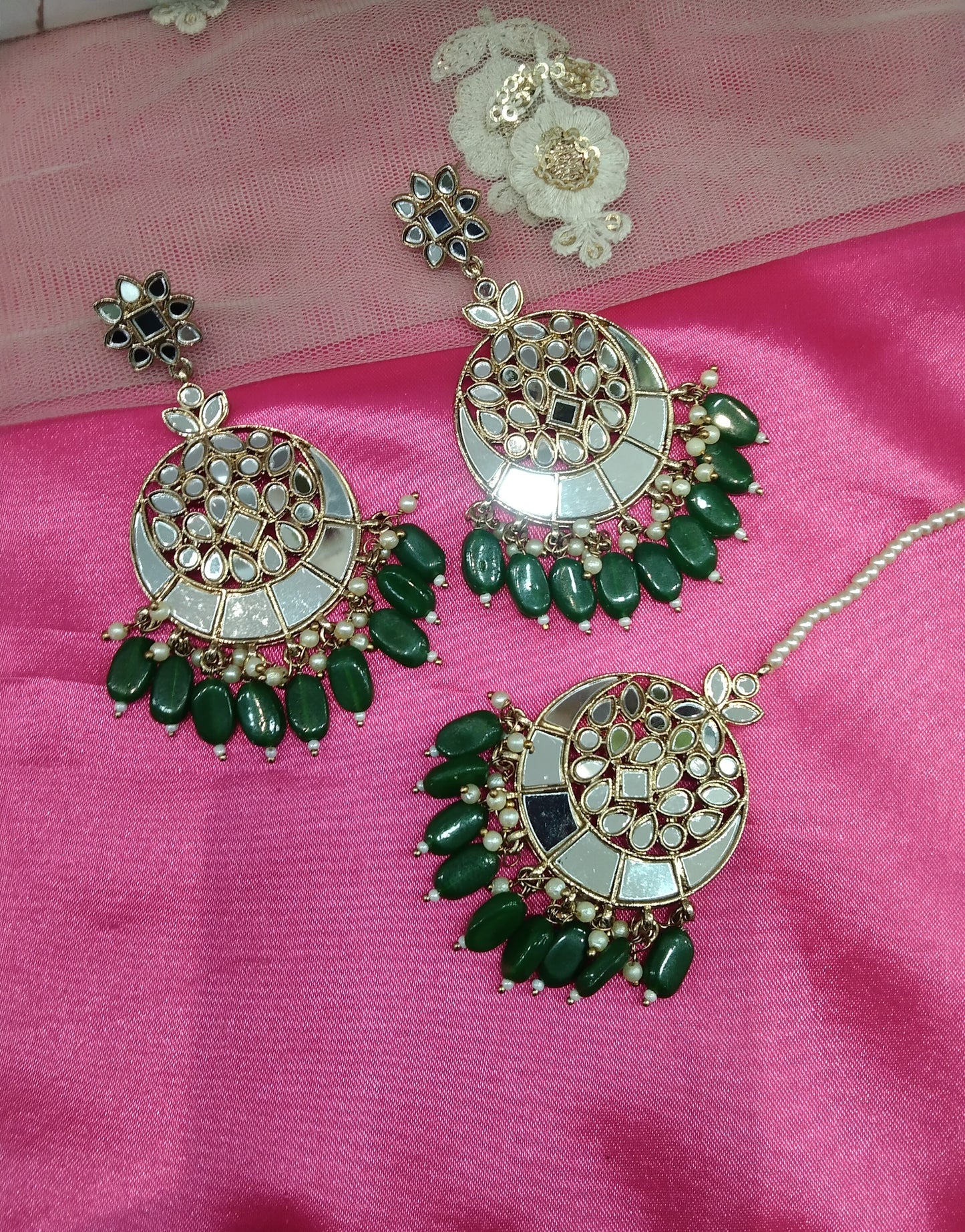 Green Mirror Kundan Chandbali Right Bollywood Earrings Tikka Set