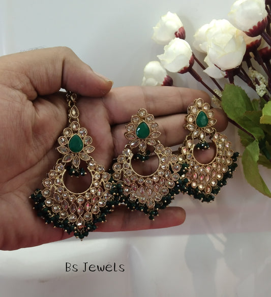 Green Kundan Chnadbali Rupinder Bollywood Earrings Tikka Set
