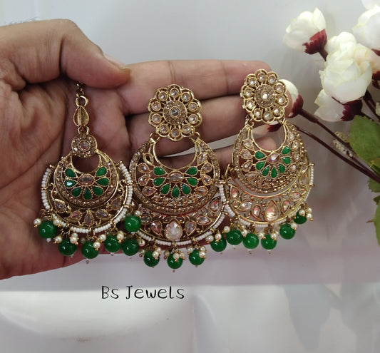 Green Champagne Gold Reet Bollywood Earrings Tikka Set