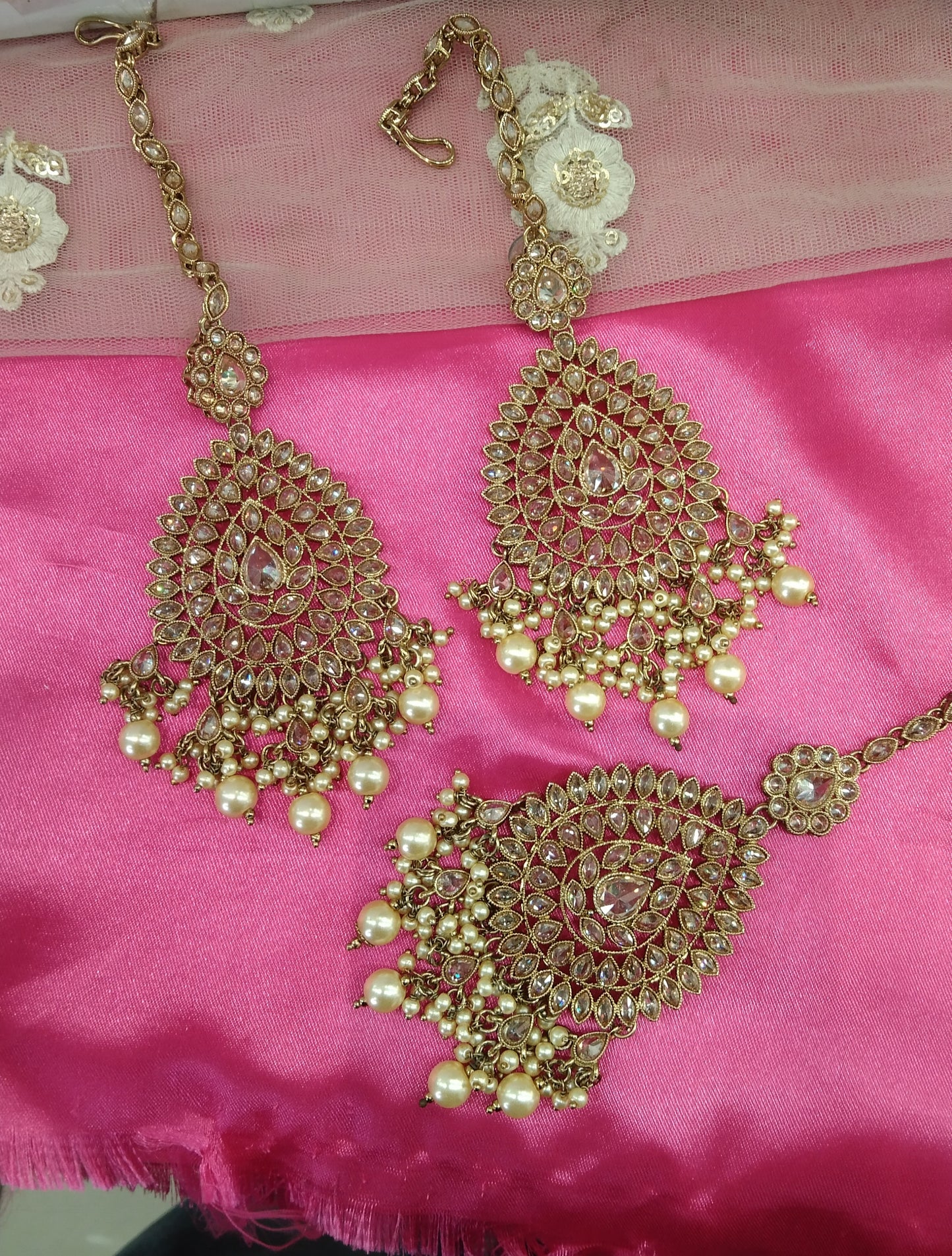 Champagne Gold Stone Meena Bollywood Earrings Tikka Set