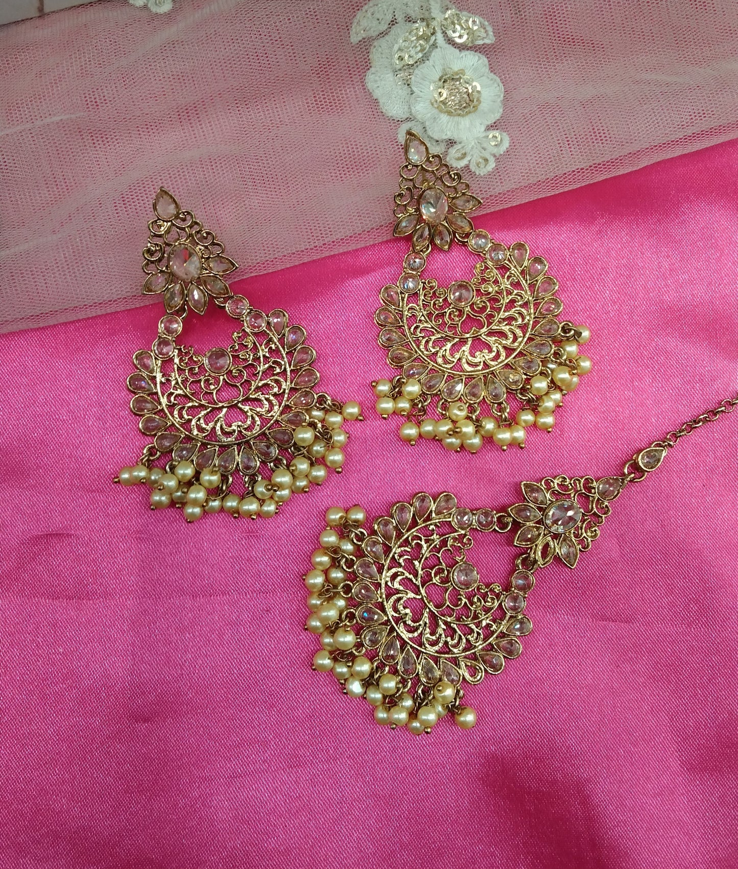 Champagne Gold Stone Chandbali Meena Bollywood Earrings Tikka Set