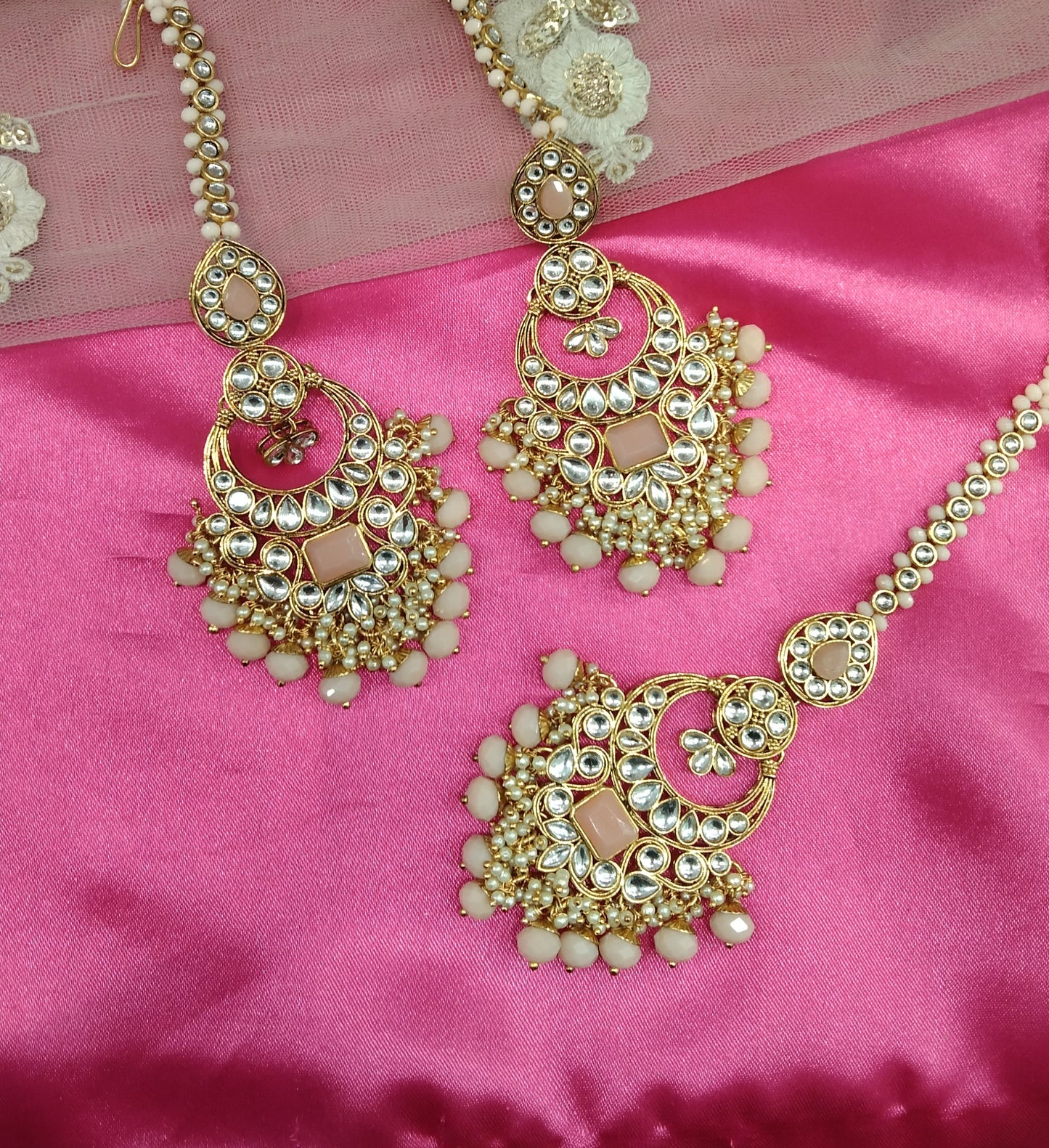 Peach Kundan Chandbali Group Bollywood Earrings Tikka Set