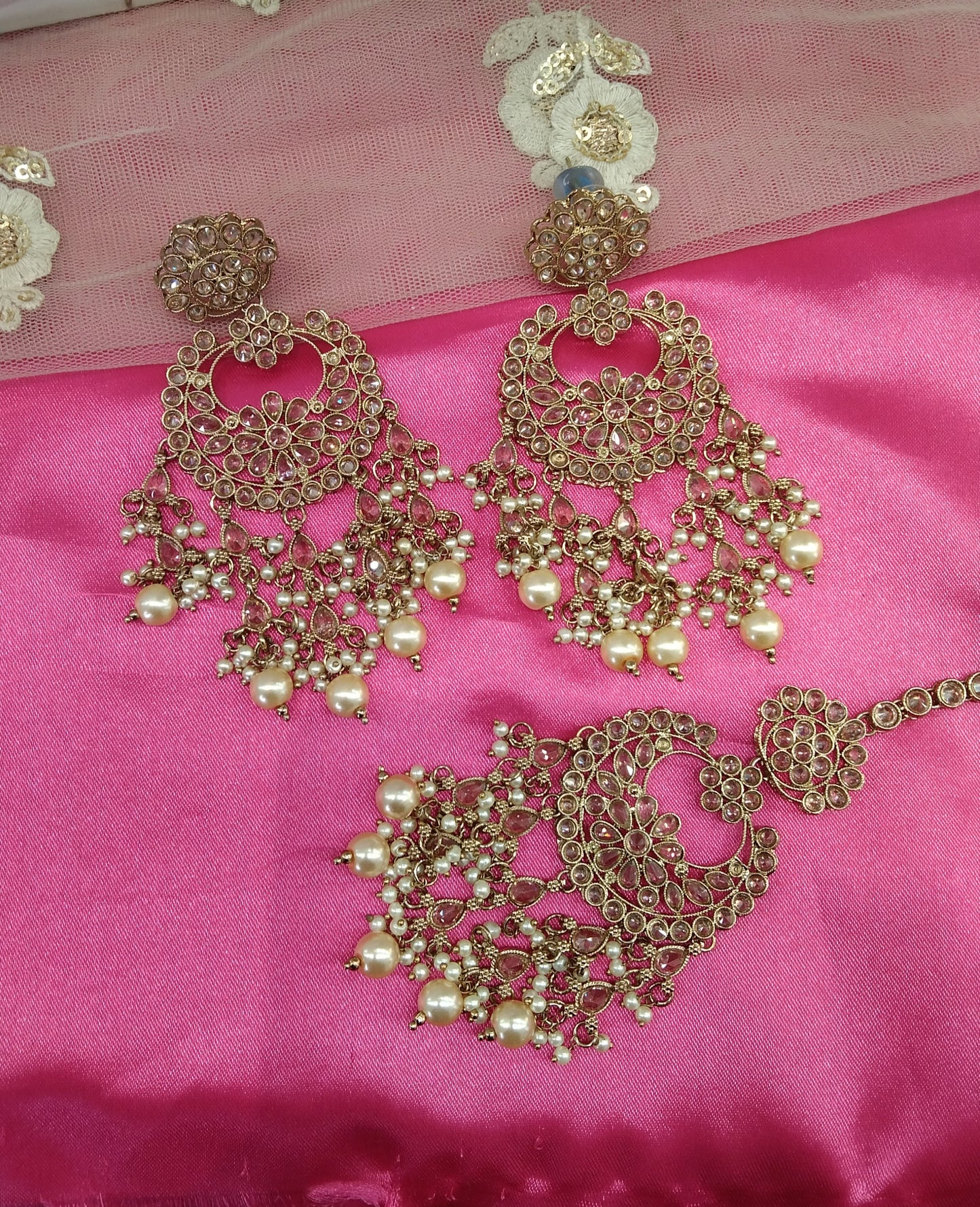 Champagne Gold Stone Chandbali Meena Bollywood Earrings Tikka Set
