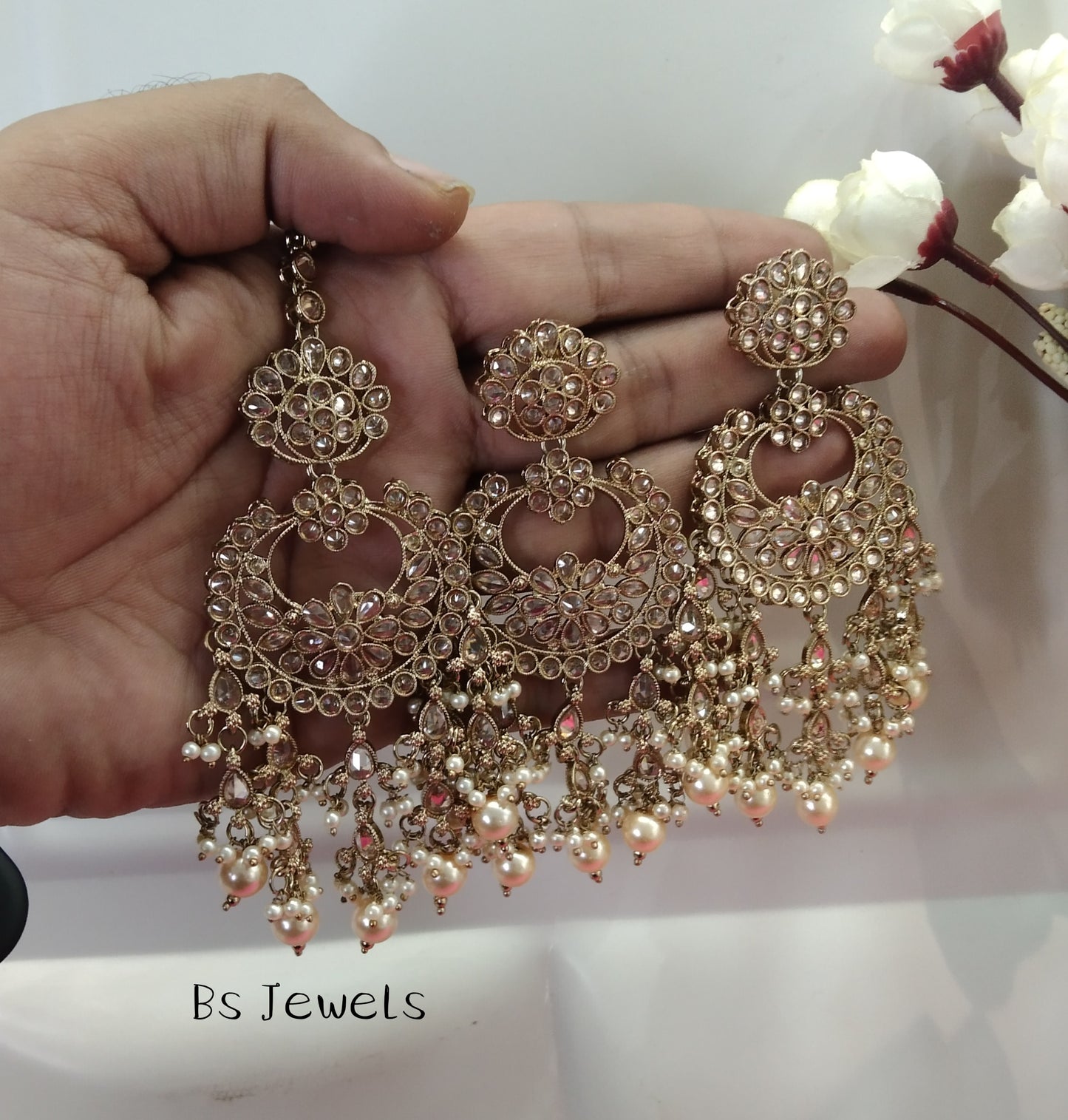 Champagne Gold Stone Chandbali Meena Bollywood Earrings Tikka Set