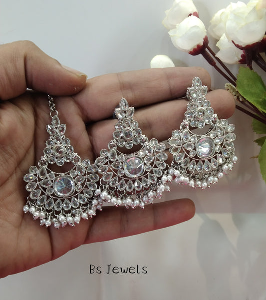 Silver White Chandbali Sahiba Bollywood Earrings Tikka Set