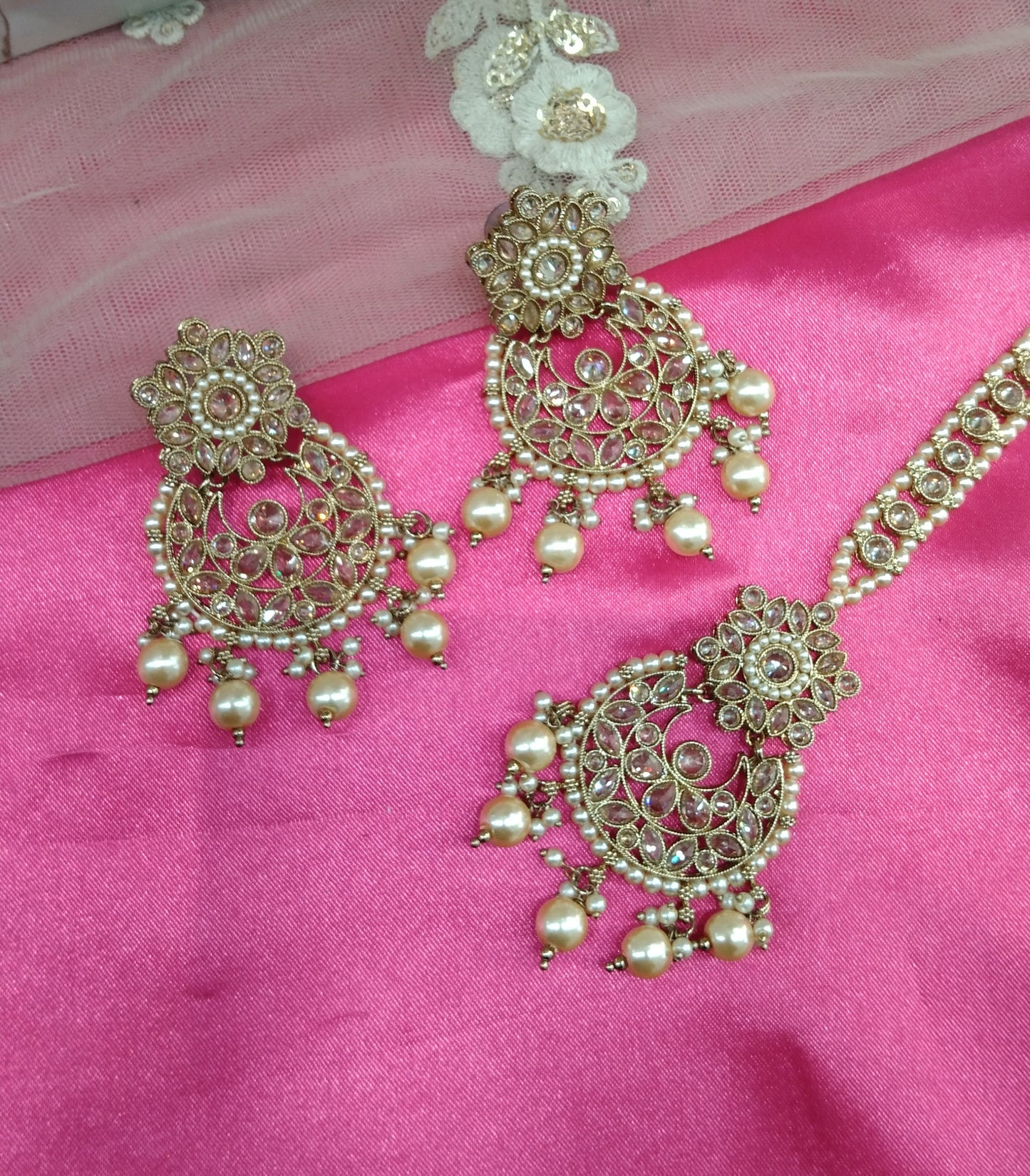 Champagne Gold Stone Chandbali Meena Bollywood Earrings Tikka Set
