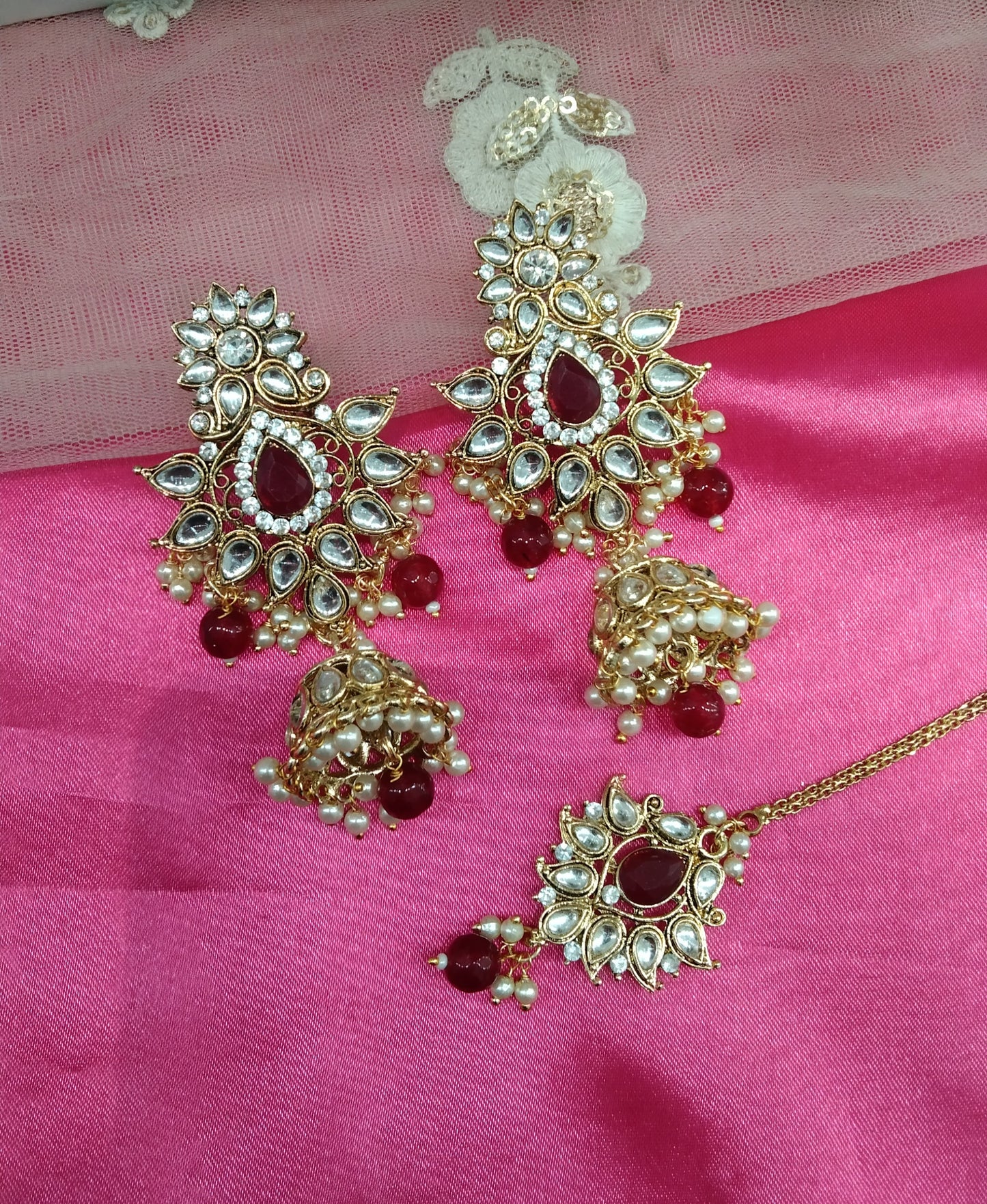 Maroon Kundan Jhumka Jedi Bollywood Earrings Tikka Set