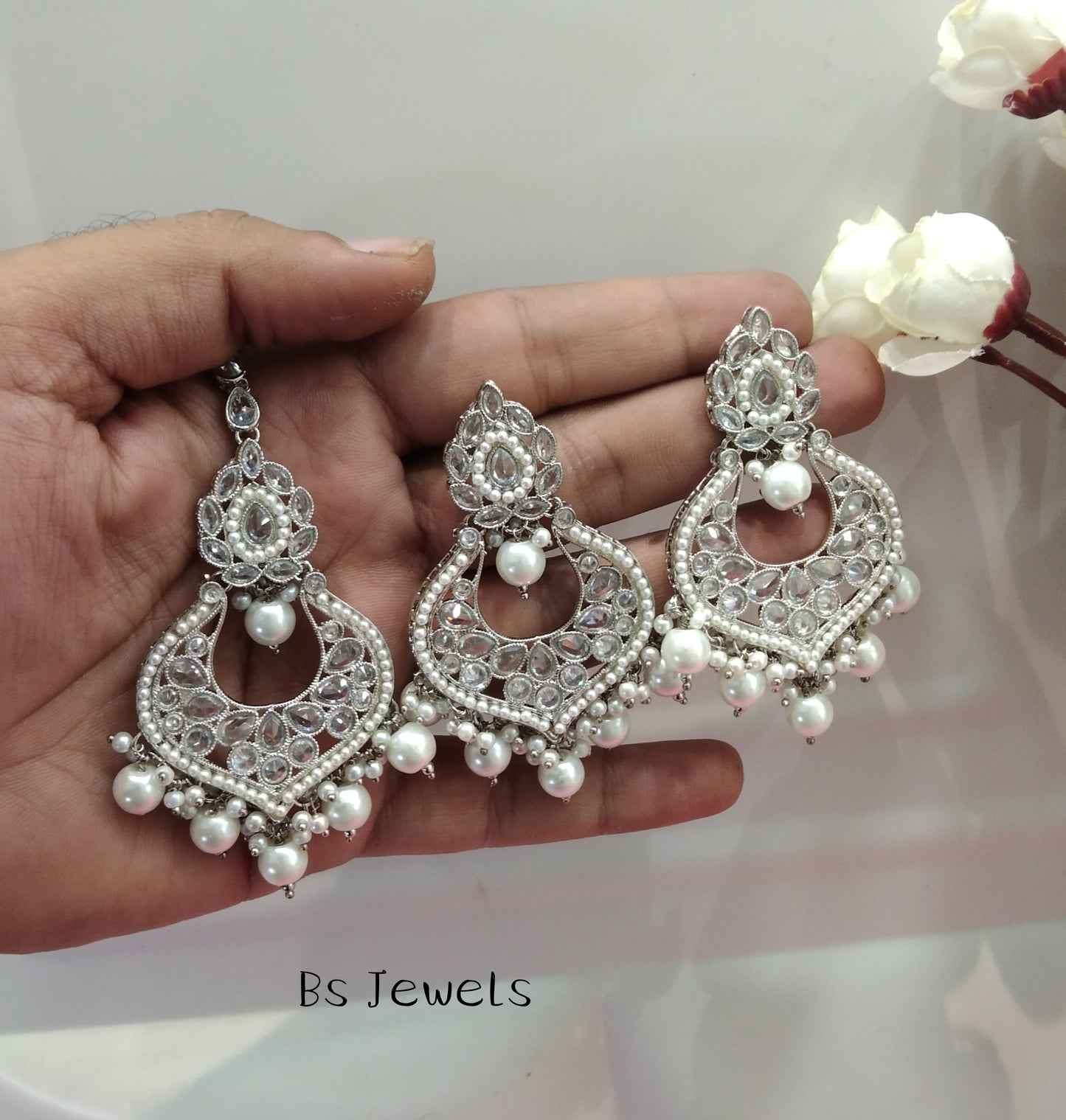 Silver White Chandbali Current Bollywood Earrings Tikka Set