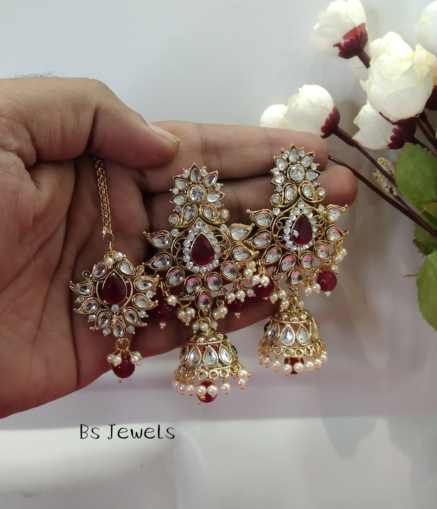 Maroon Kundan Jhumka Jedi Bollywood Earrings Tikka Set