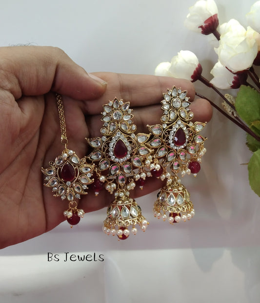 Maroon Kundan Jhumka Jedi Bollywood Earrings Tikka Set