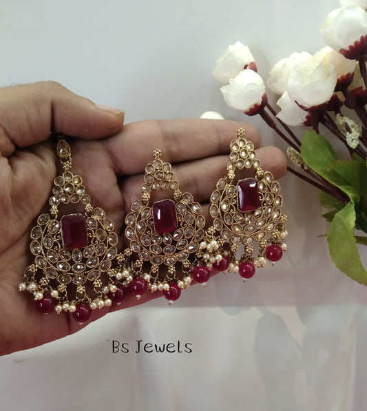 Ruby Champagne Stone  Chandbali Words Bollywood Earrings Tikka Set