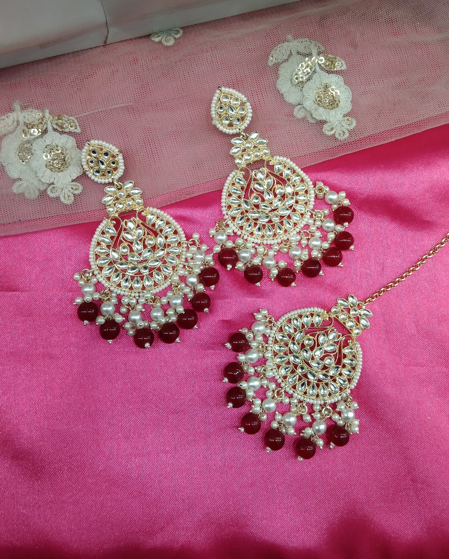 Maroon Kundan Tape Bollywood Earrings Tikka Set