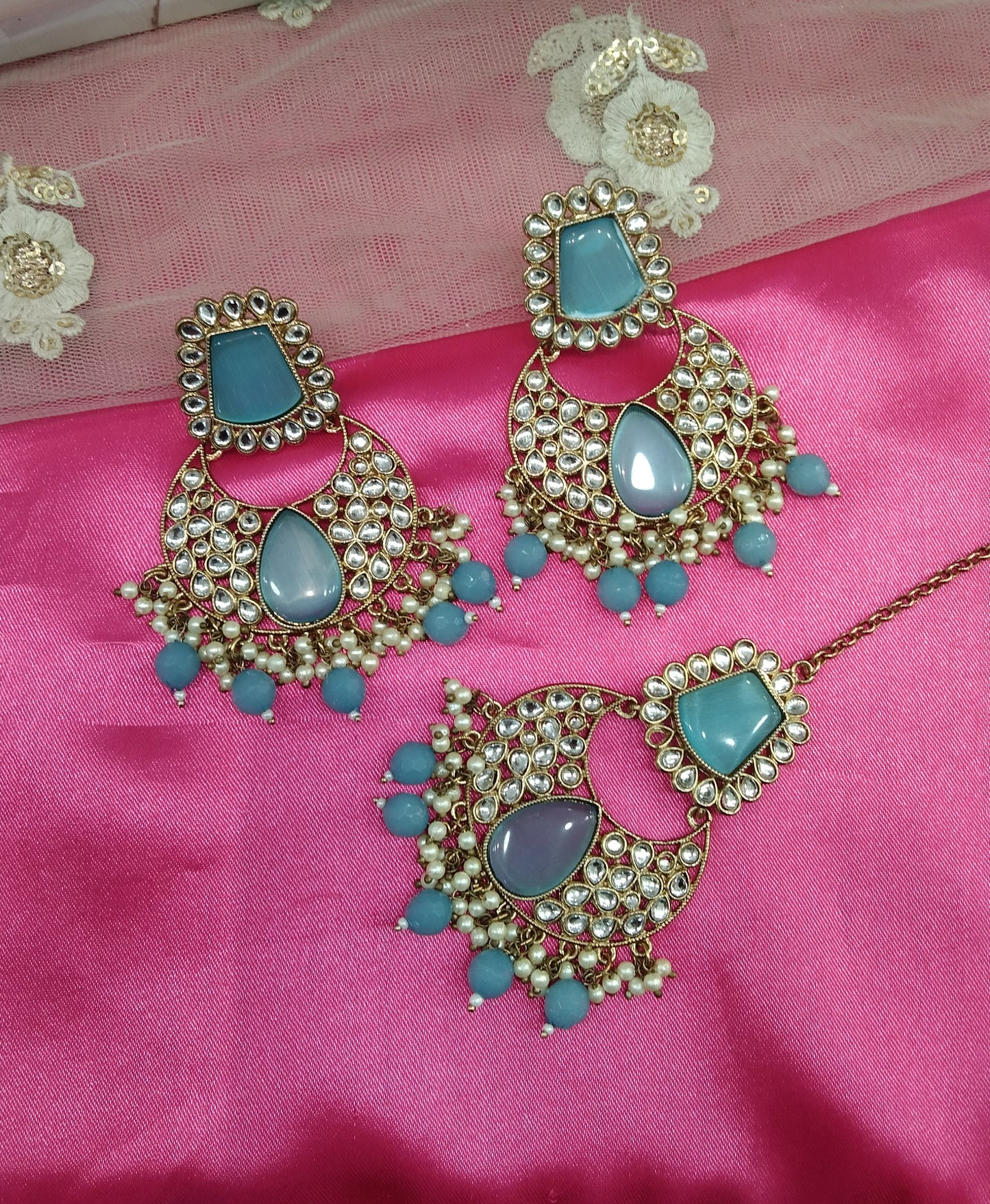 Firoja Kundan Chandbali Pulsar Bollywood Earrings Tikka Set