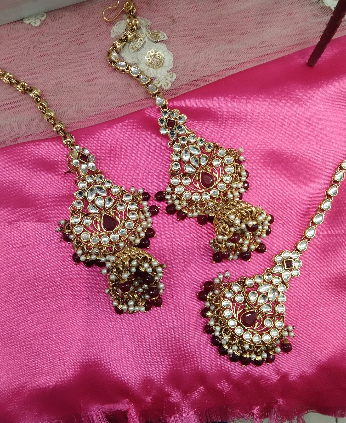 Maroon Kundan Chandbali Jhumka Jedi Bollywood Earrings Tikka Set