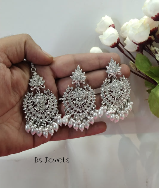 Silver White Crystal Ston Ways Bollywood Earrings Tikka Set