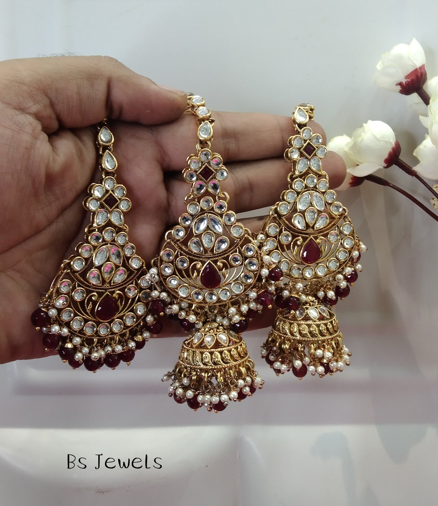 Maroon Kundan Chandbali Jhumka Jedi Bollywood Earrings Tikka Set