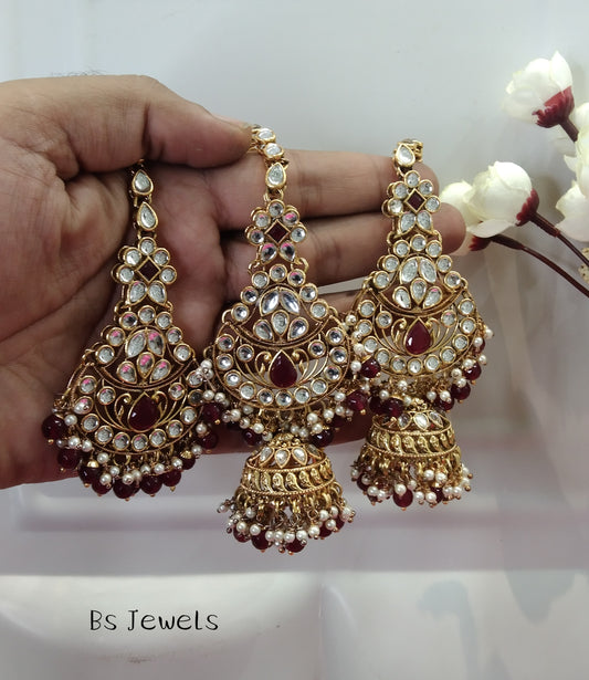 Maroon Kundan Chandbali Jhumka Jedi Bollywood Earrings Tikka Set