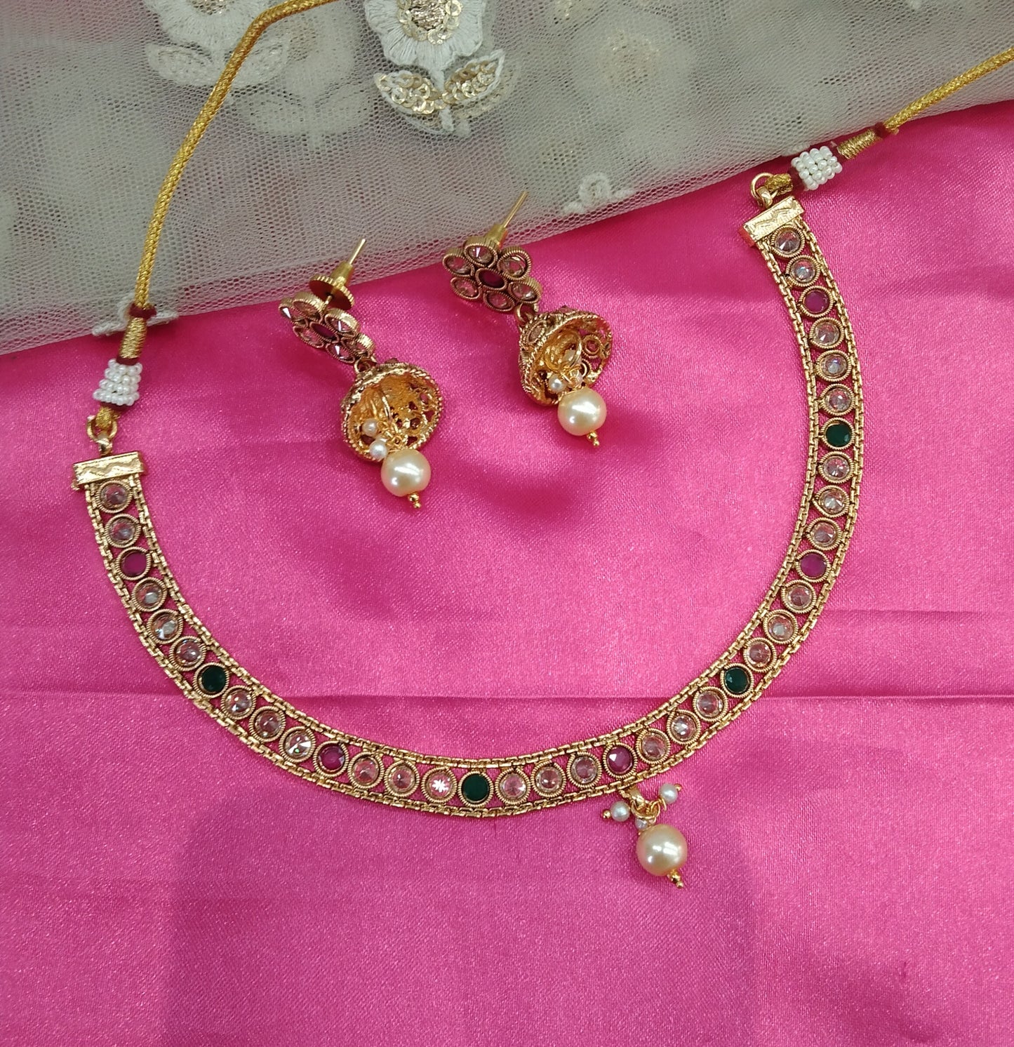 Gold Ruby Green Polki Jhumki Necklace Jewellery Active Set