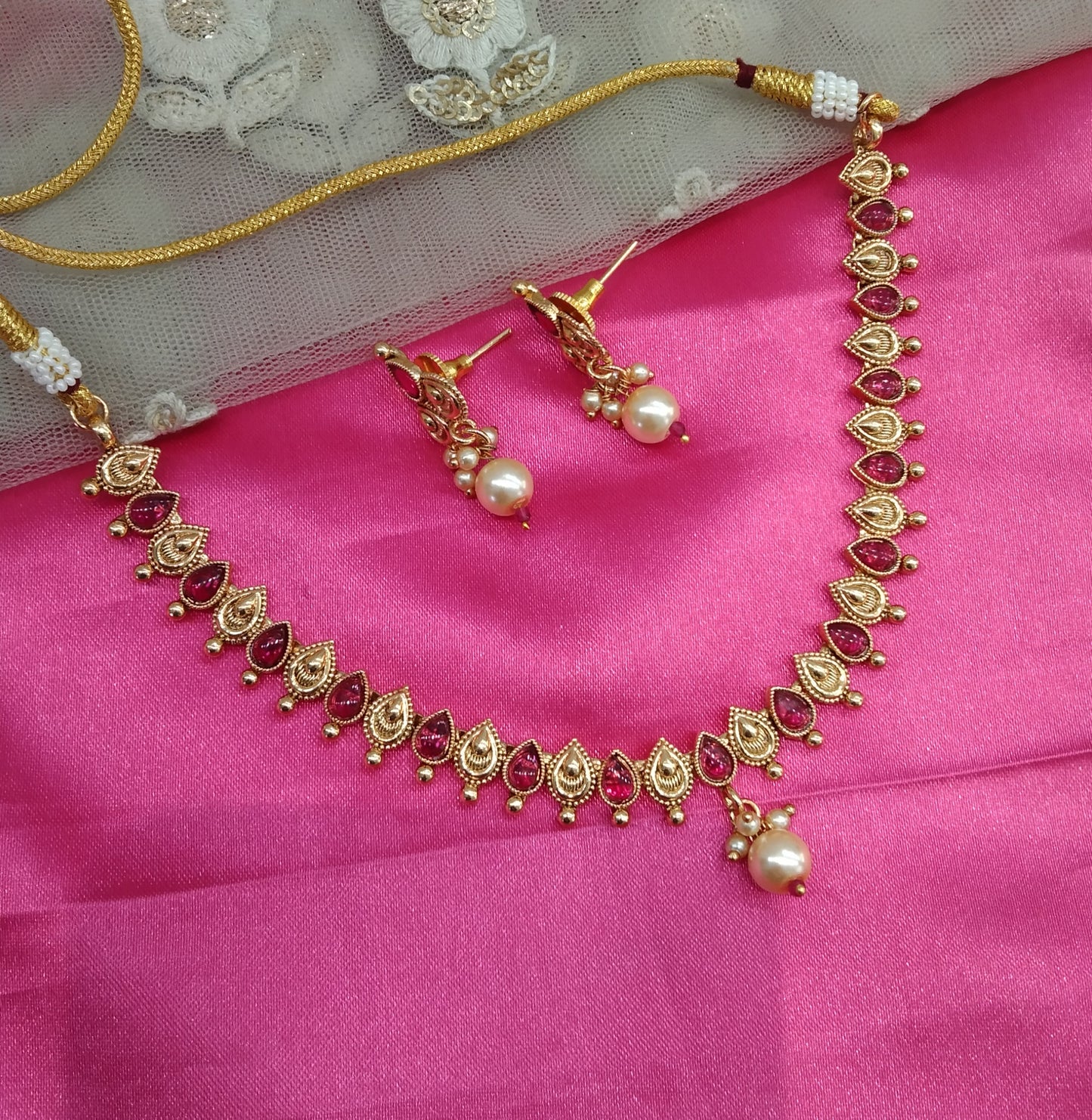 Gold Ruby Plat Polki Necklace Jewellery Challa Set
