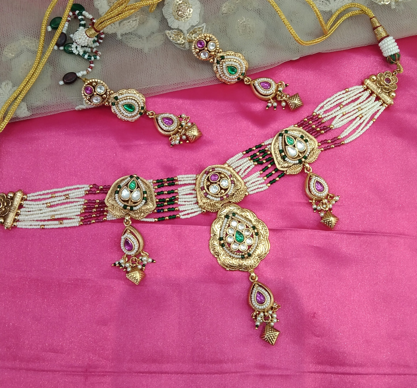 Majenta Green Gold Polki Kundan Necklace Jewelry Siva Set