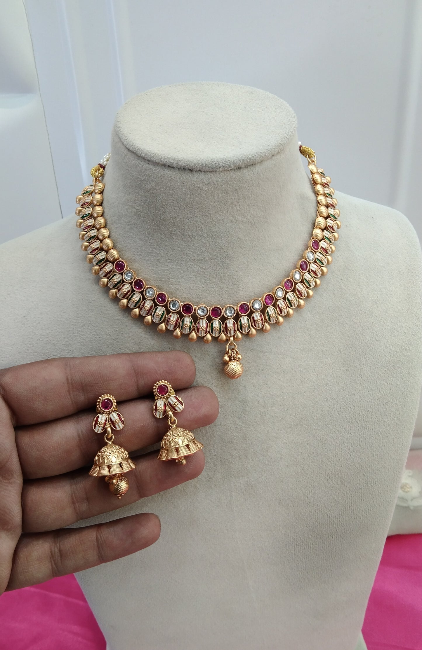 Ruby Gold Polki kundan Jhumka Necklace Jewelry Siva Set