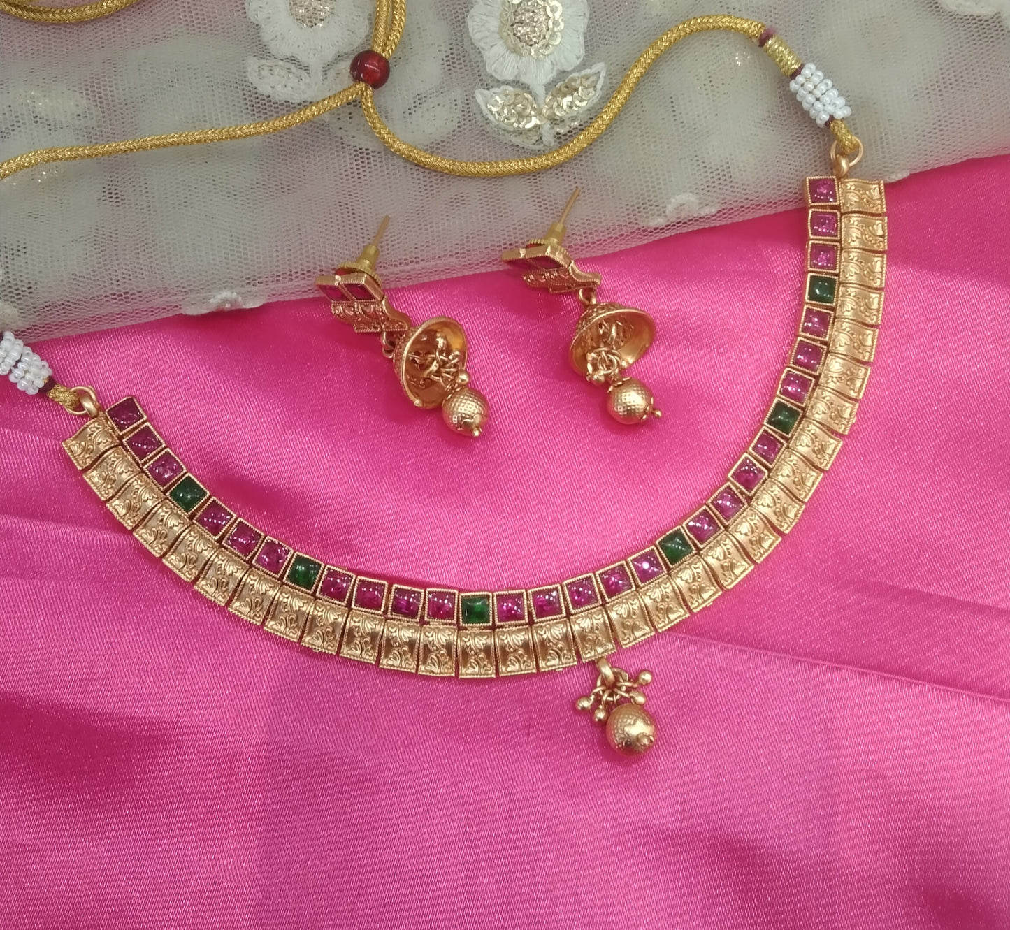 Gold Ruby Green Polki Jhumki Necklace Jewellery Global Set