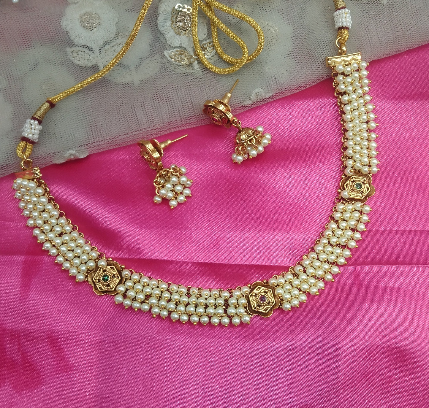 Gold Ruby Green Polki Jhumki Necklace Jewellery Jasmin Set