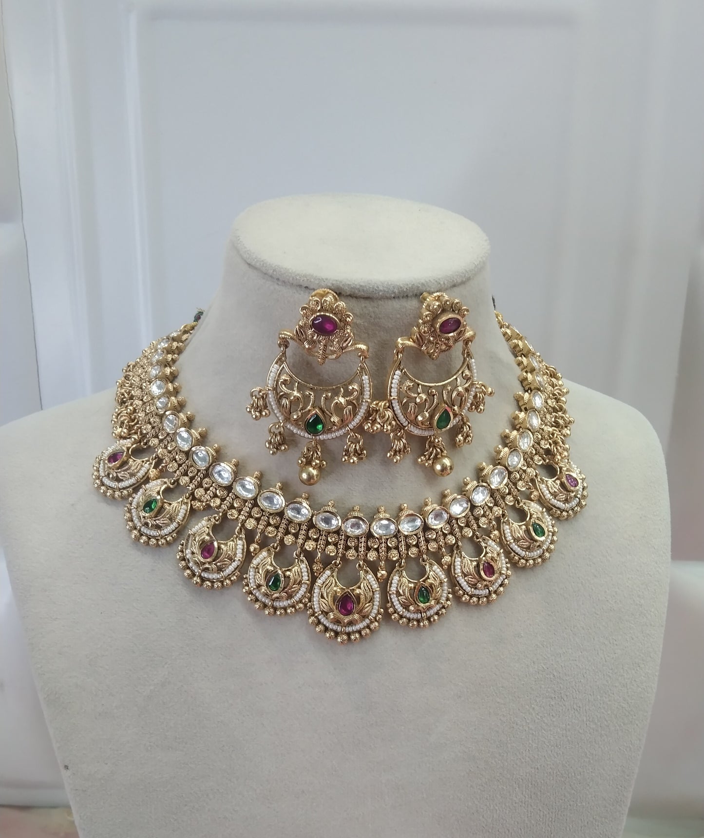 Gold Ruby Green Polki Necklace Jewellery Jasmin Set