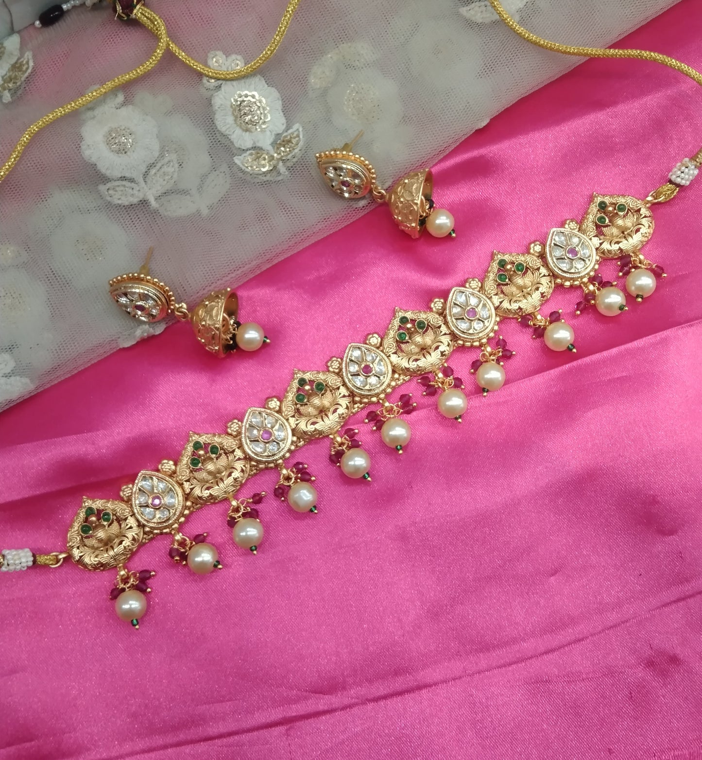 Gold Ruby Green polki Jhumka Kundan Choker Jewellery Levit Set