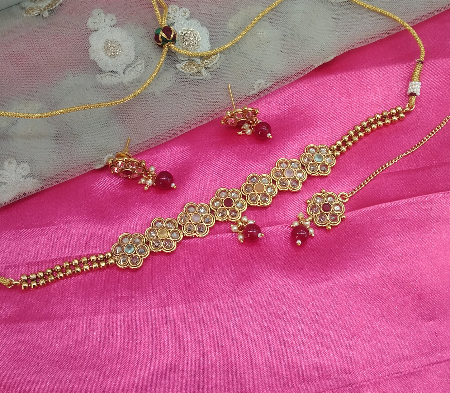 Gold Multi Color Polki Choker Jewellery Olean Tikka Set