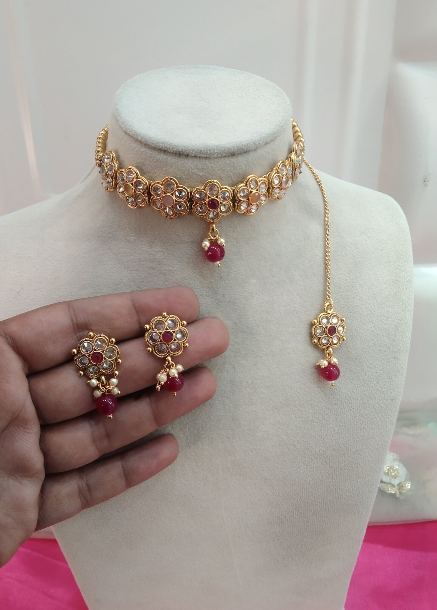Gold Multi Color Polki Choker Jewellery Olean Tikka Set
