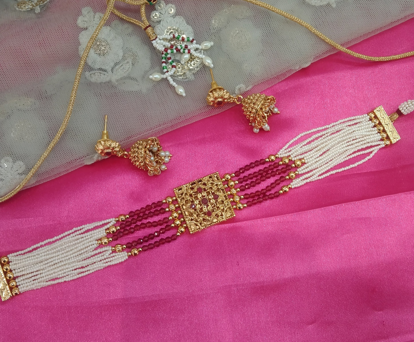 Gold Ruby Polki Jhumka Choker Jewellery Olean Set