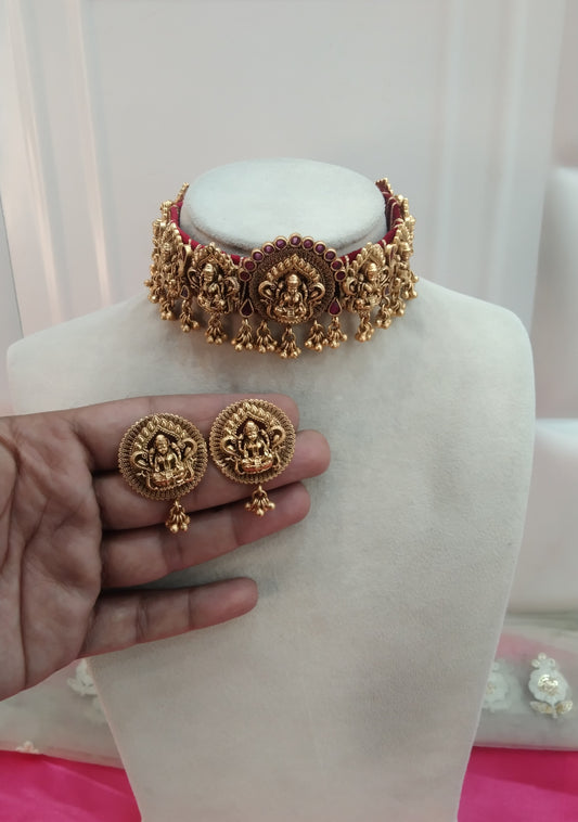 Gold Ruby Polki  Choker Temple Jewellery Nikka Set