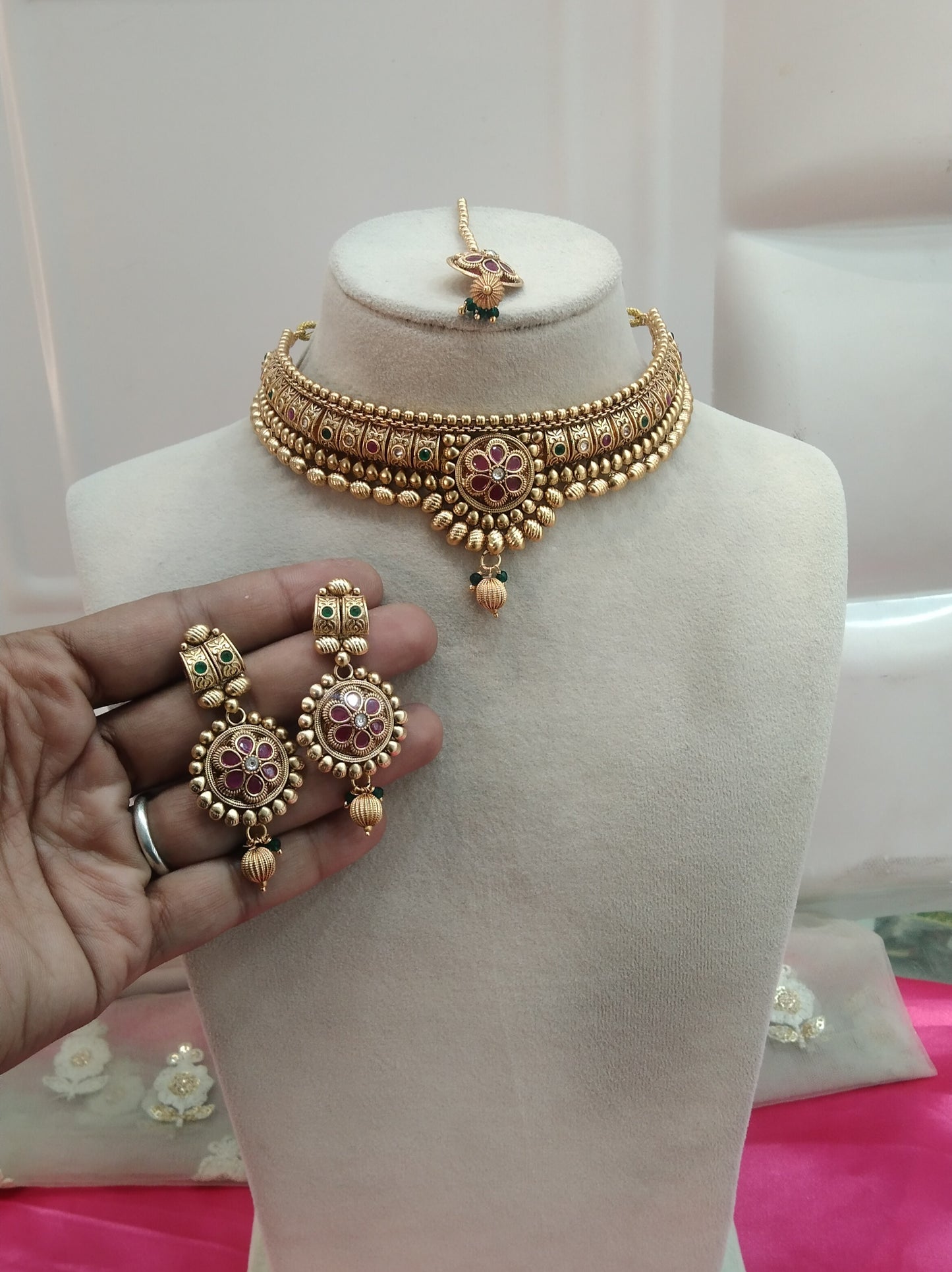 Gold Ruby Green Polki Choker Jewellery Beams Set