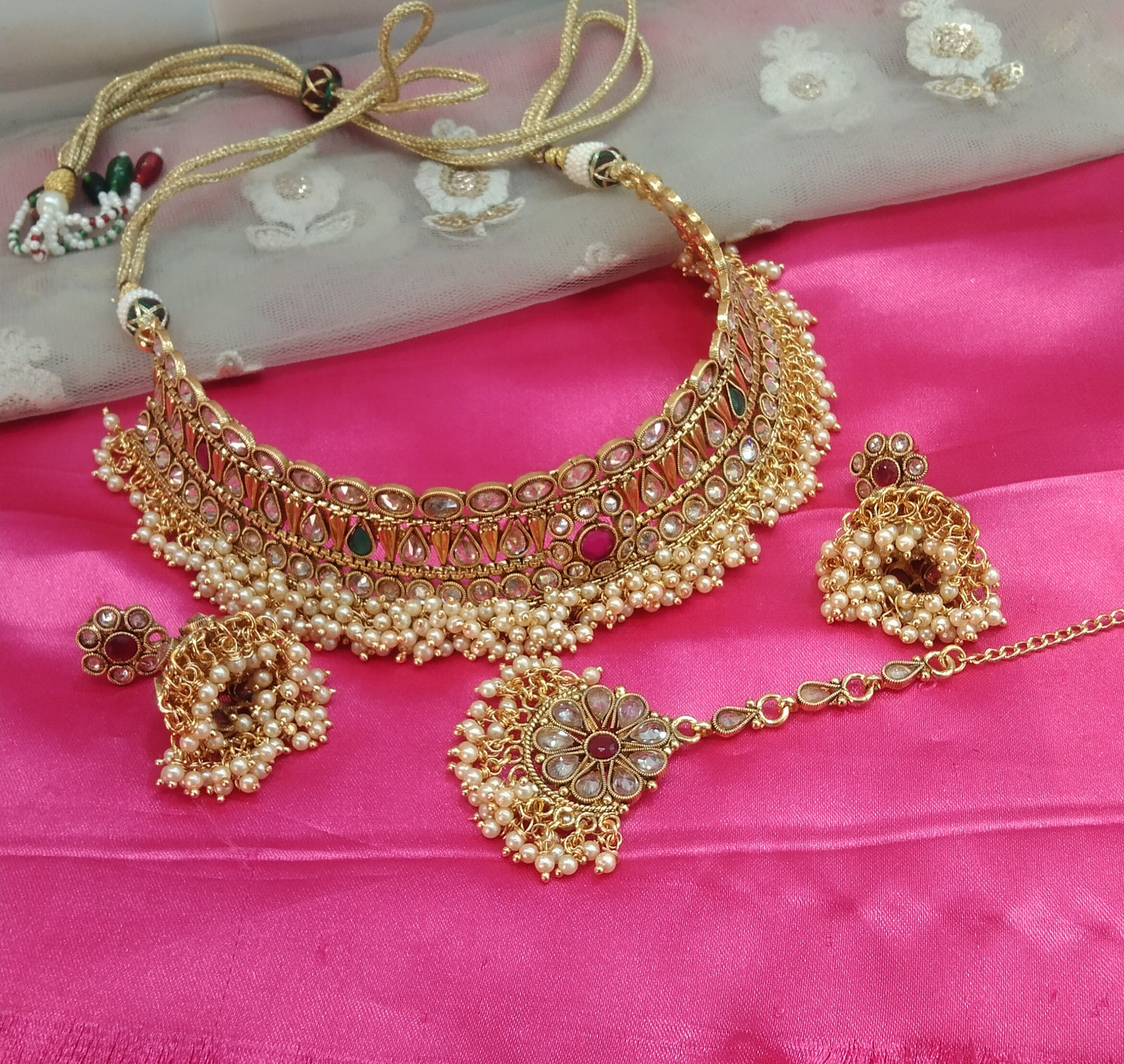 Gold Ruby Green Polki Jhumka Choker Jewellery Beams Set