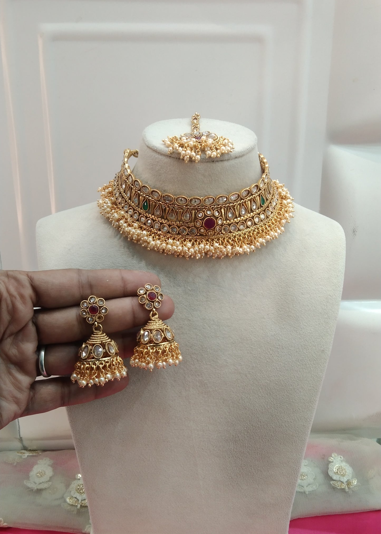 Gold Ruby Green Polki Jhumka Choker Jewellery Beams Set