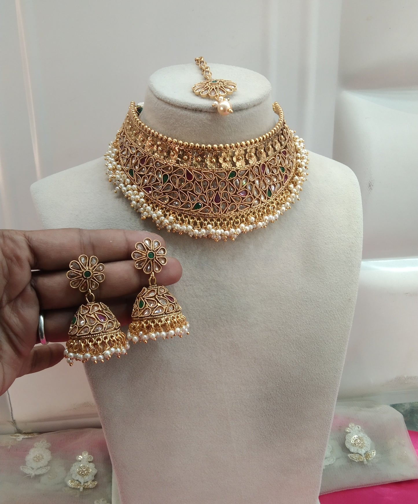 Gold Ruby Green Polki Jhumka Choker Jewellery Beams Set