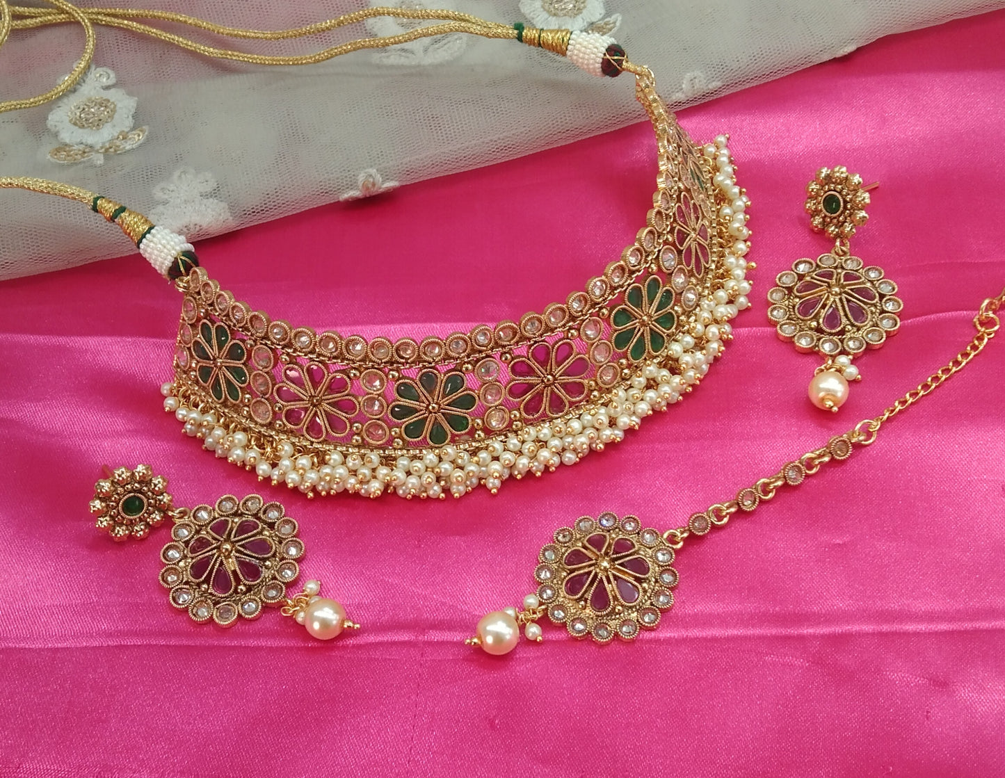 Gold Ruby Green Polki Choker Jewellery Beams Set