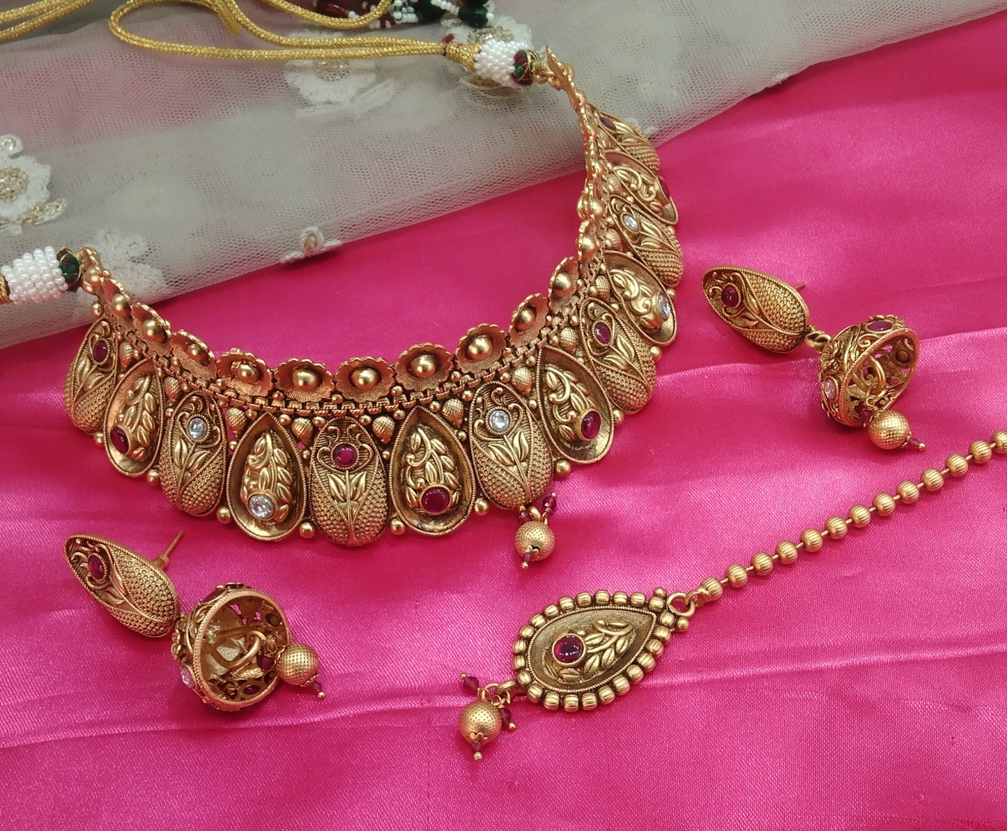 Gold Ruby Polki Jhumki Choker Jewellery Beams Set
