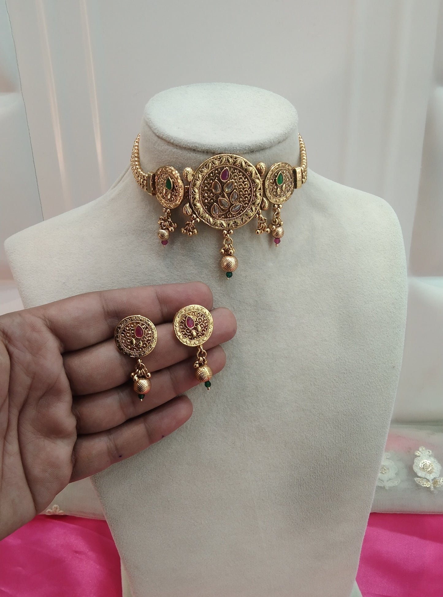 Gold Ruby Green Polki Choker Jewellery Bini Set