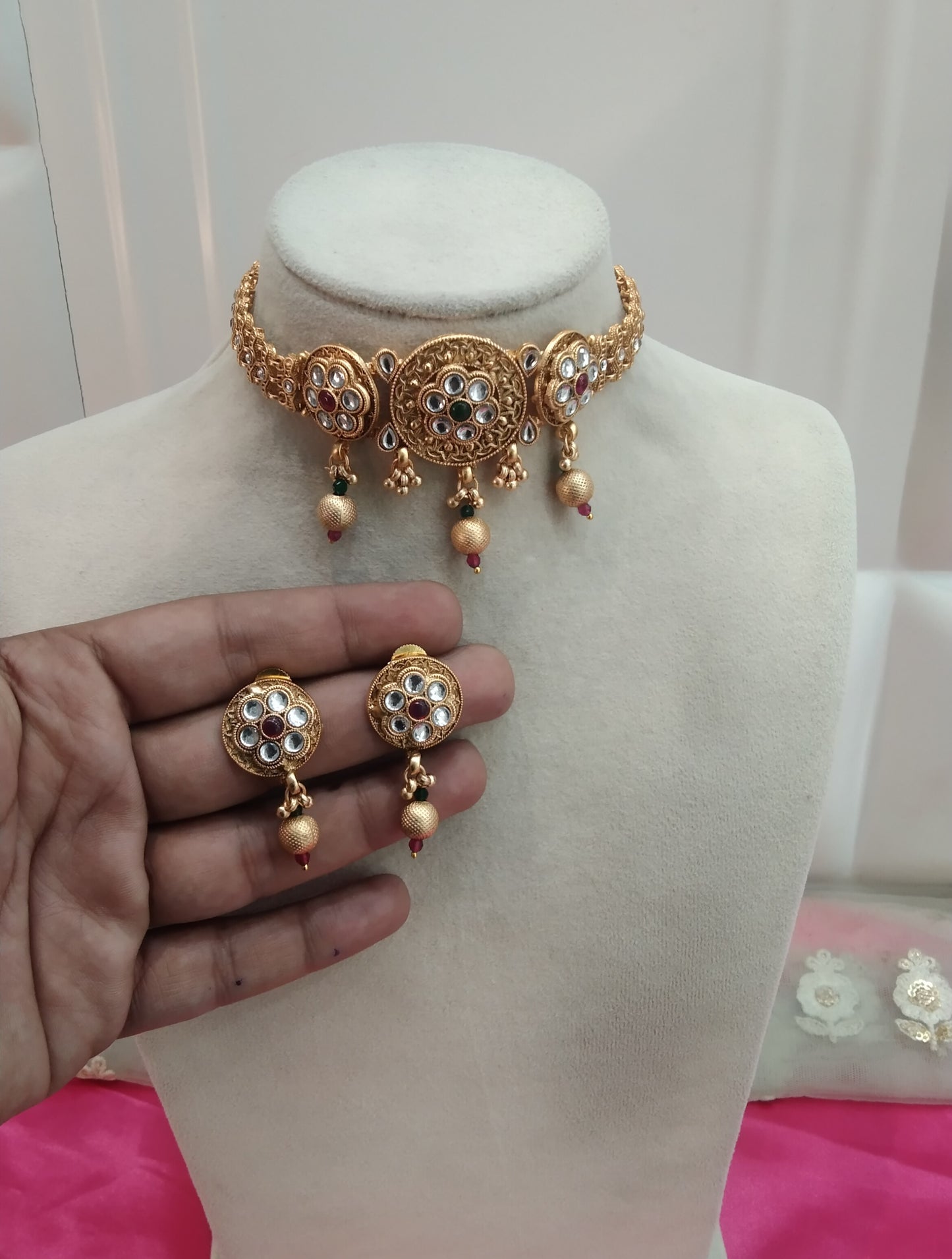 Gold Ruby Green Polki Choker Jewellery Bini Set