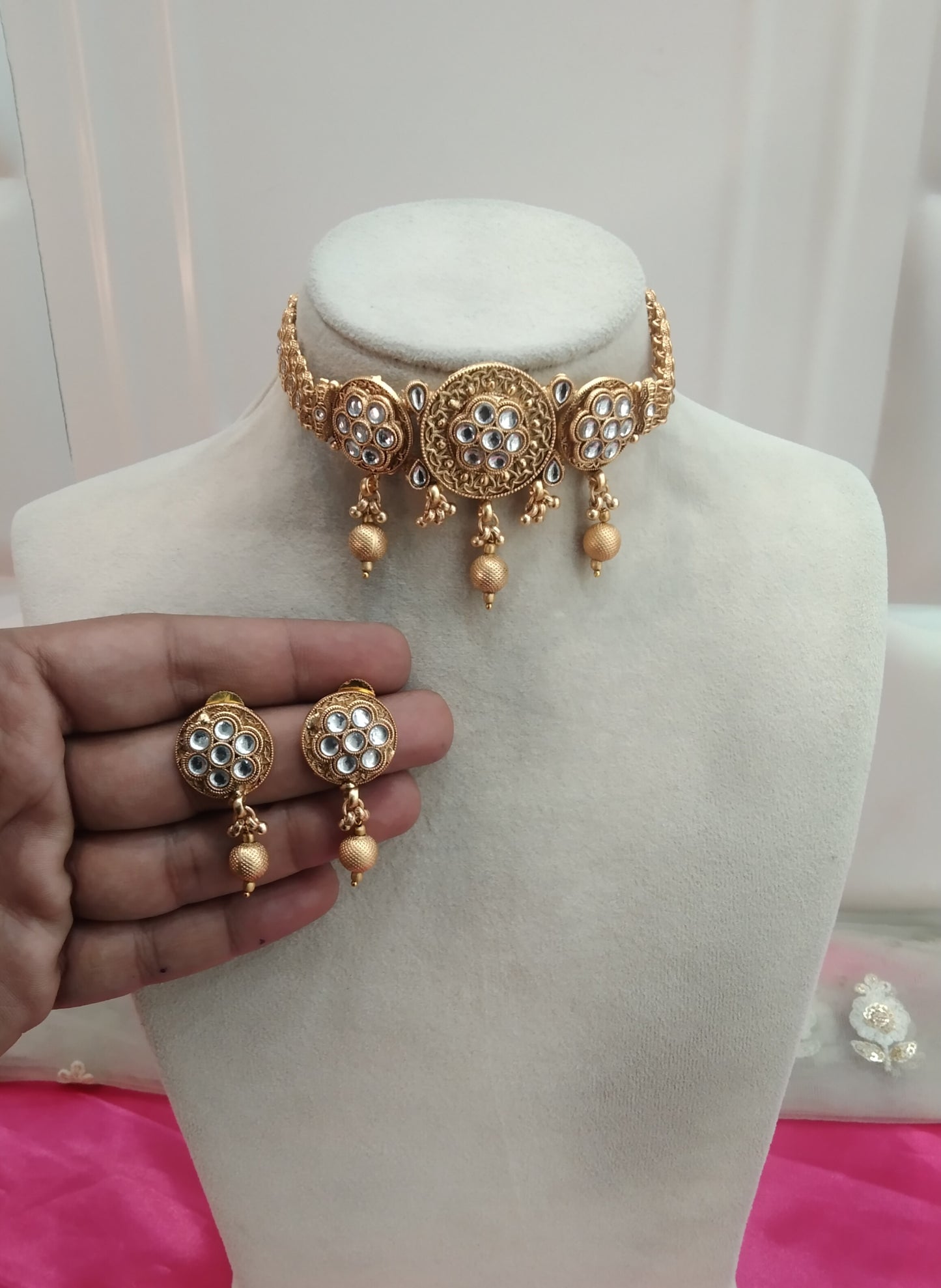 Gold Polki Choker Jewellery Bini Set