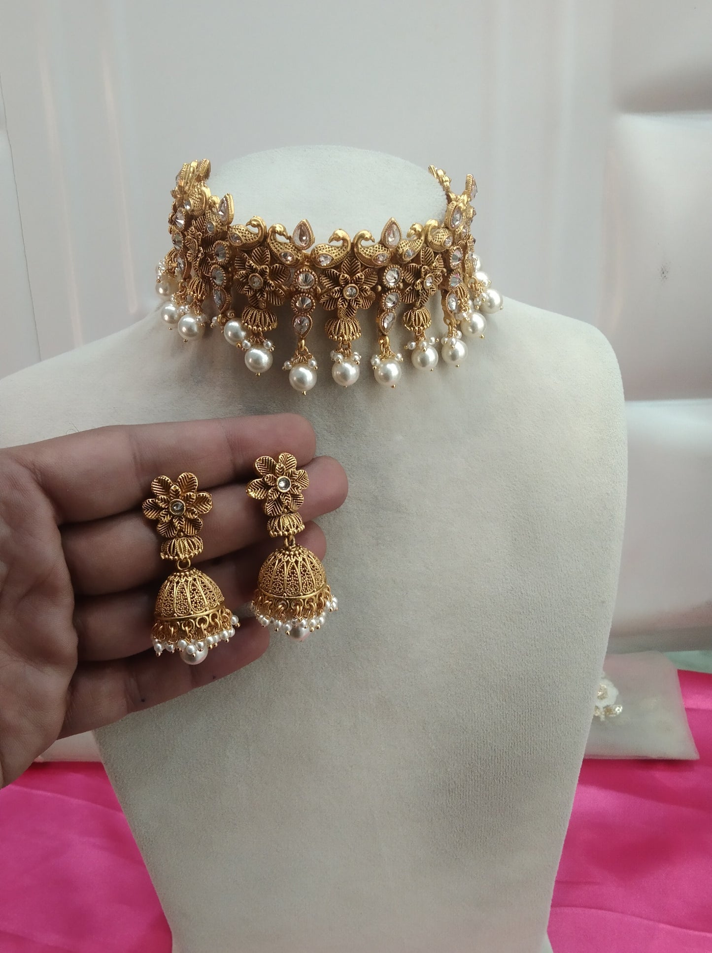 Gold Polki Jhumka Choker Jewellery Ravi Set