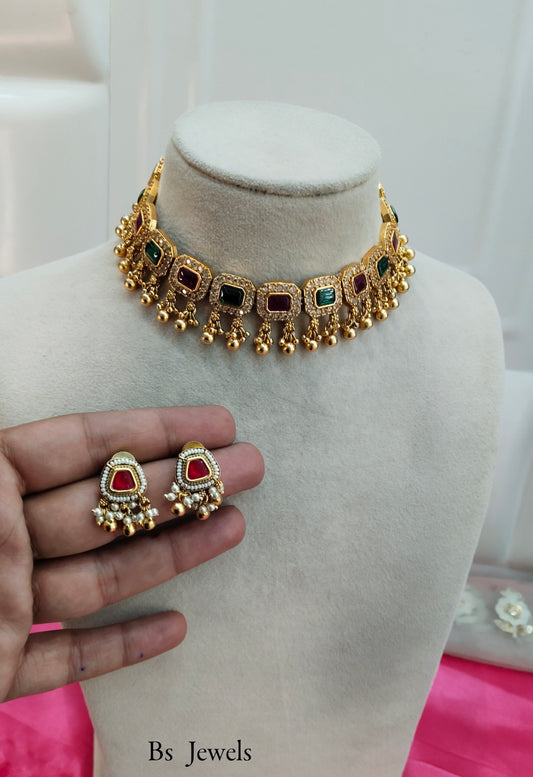 Gold Ruby Green Polki Choker Jewellery Payal Set