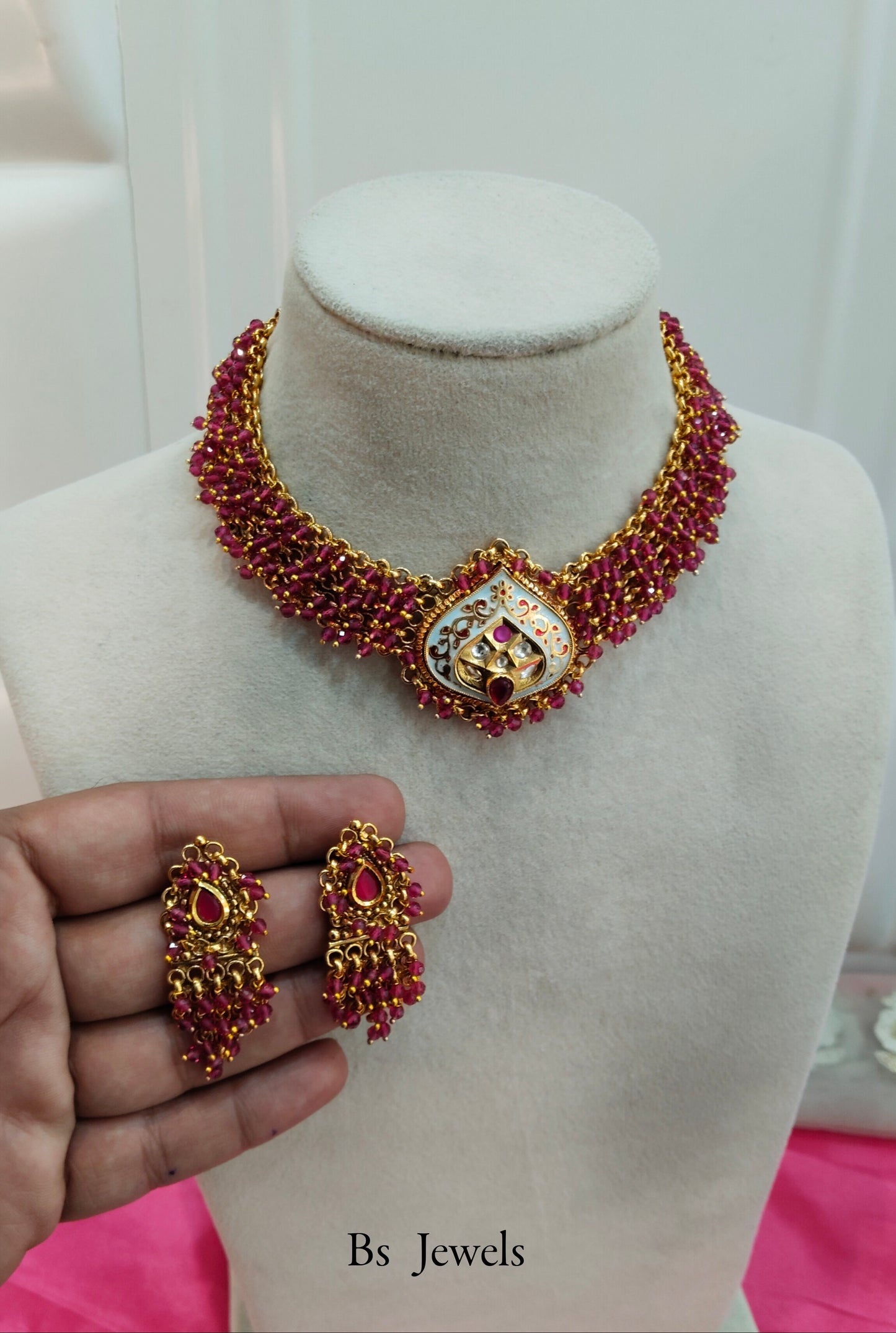 Gold Ruby Polki Necklace Jewellery Polki Set