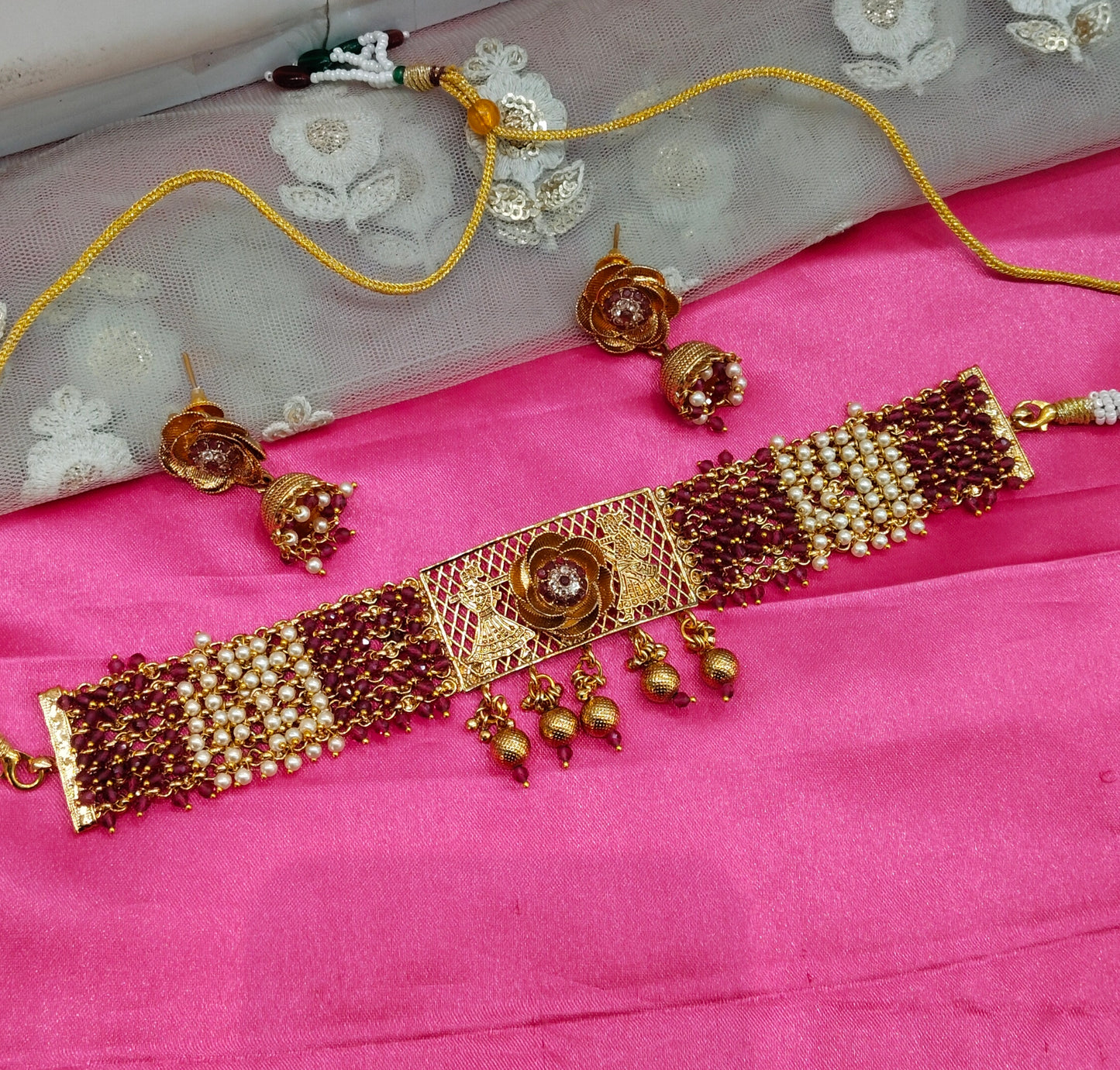 Gold Ruby Polki Jhumki Choker Jewellery Polki Set