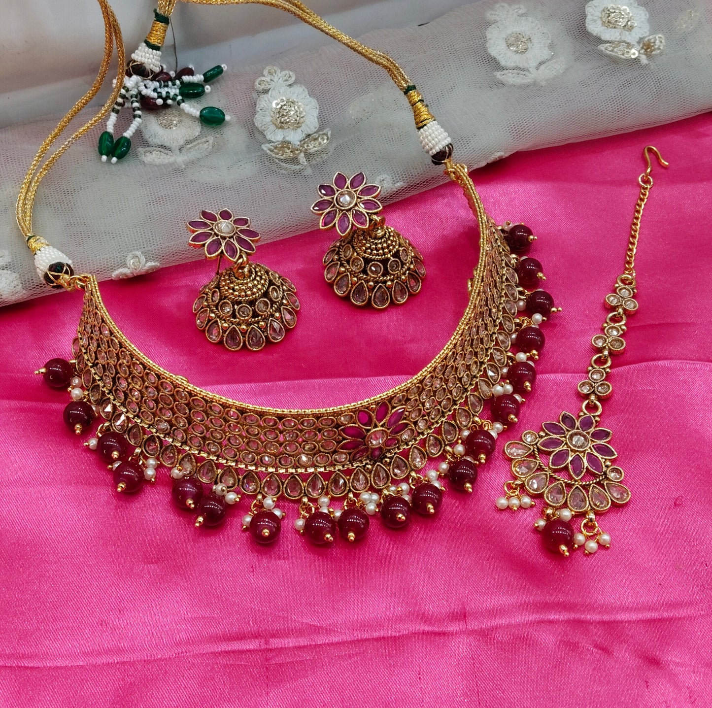 Gold Ruby Polki Jhumka Choker Jewellery Beams Set
