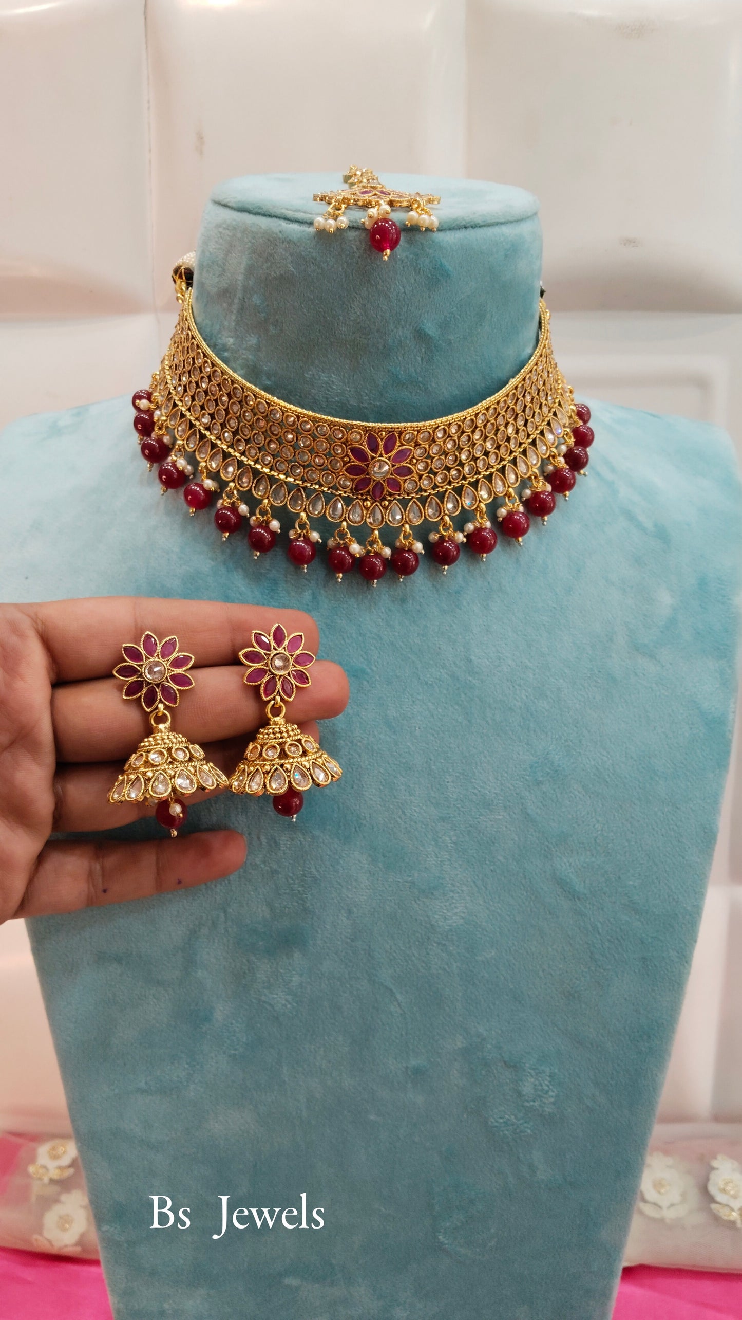 Gold Ruby Polki Jhumka Choker Jewellery Beams Set