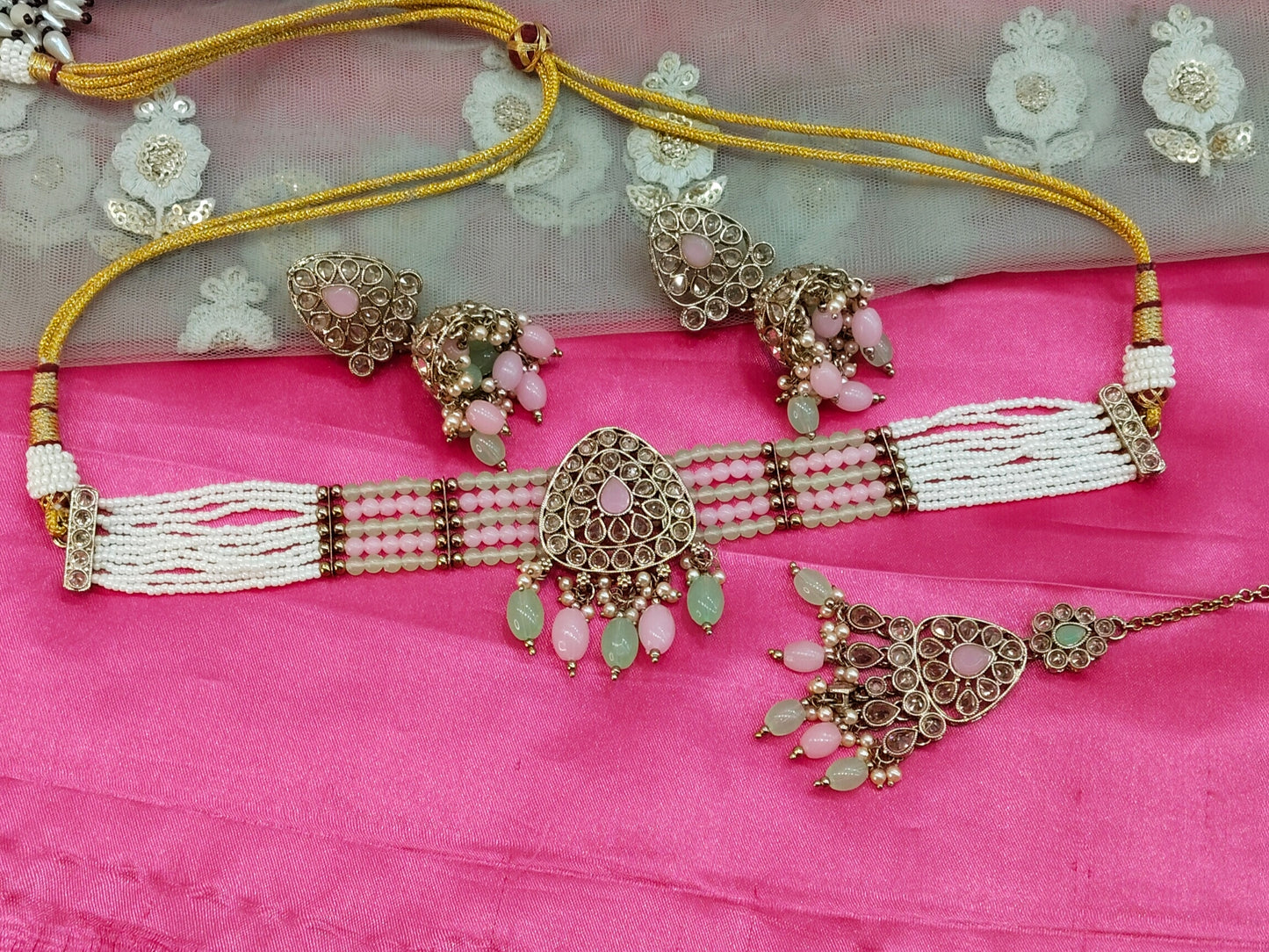 Mint Pink Champagne Stone Jhumka Choker Jewellery Rasha Set
